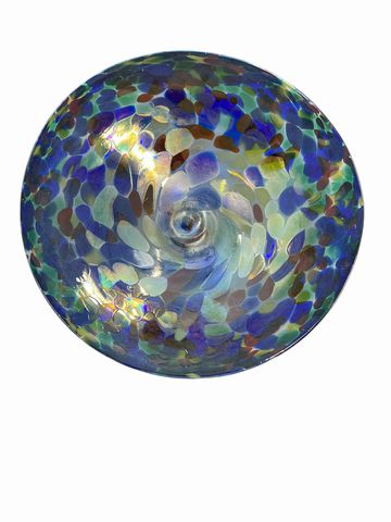 Blue & multicolor metallic art glass shallow bowl, 12Dx2.5H