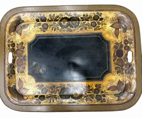 19th Century Tole Tray w/Custom Painted Faux Bamboo Coffee Table, H. 18 in.