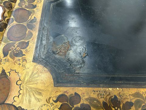 19th Century Tole Tray w/Custom Painted Faux Bamboo Coffee Table, H. 18 in.