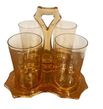 Cambridge amber glass bridge set--4 glasses w/ server, 7.5" h
