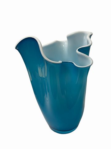Art glass handkerchief vase, turquoise & white, 15"H