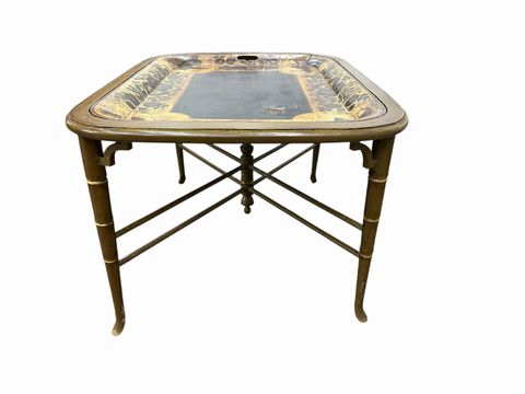 19th Century Tole Tray w/Custom Painted Faux Bamboo Coffee Table, H. 18 in.