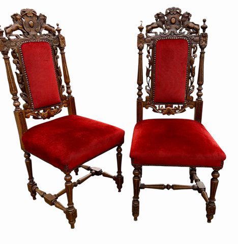 Pair French Carved Oak Side Chairs, ca. 1900, H. 44 in. x W. 18.5 in.