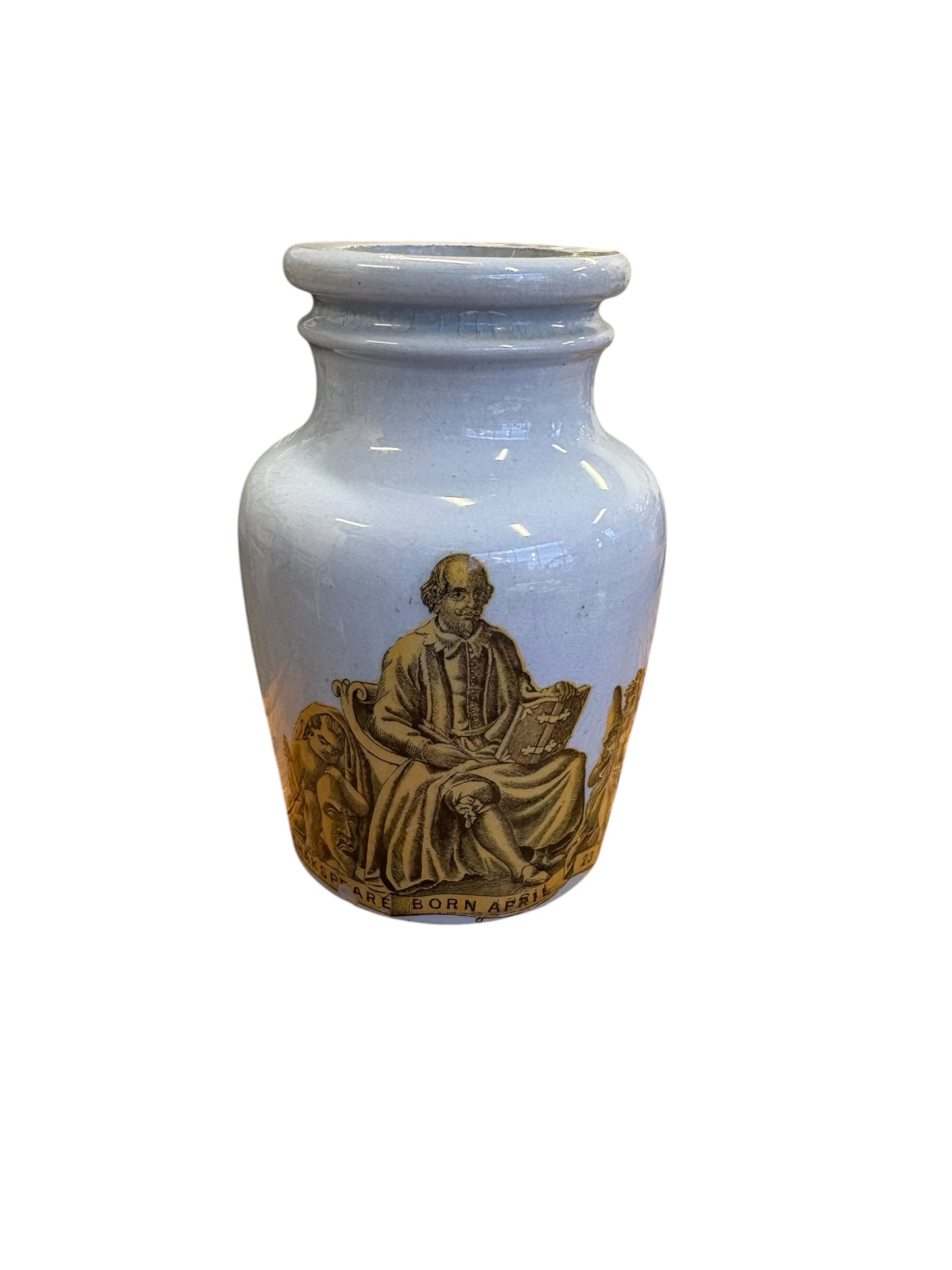 Antique Prattware Shakespeare-theme vase, ca. 1860, 4" h
