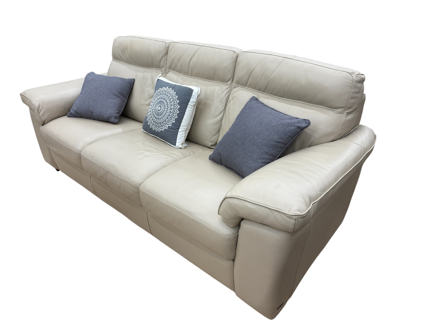 Natuzzi Pazienza beige leather sofa, H. 34 in. x L. 90 in. x D. 37 in.