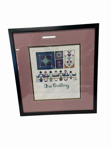 Framed needlepoint, "The Quilters," 19.75x18