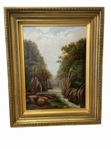 Framed landscape oil painting, river/stream, 32x26