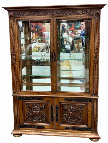 German Carved Oak & Glass Display Cabinet, H. 67 in. x W. 47 in. x D.16 in.