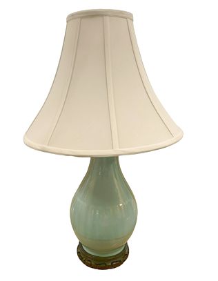 Celadon Asian-style lamp w/ white shade, 26.5" h