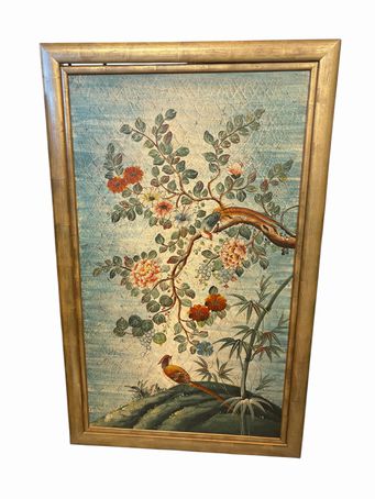 Large gold-framed fresco-effect mural w/ birds among branches, 52.5x32"