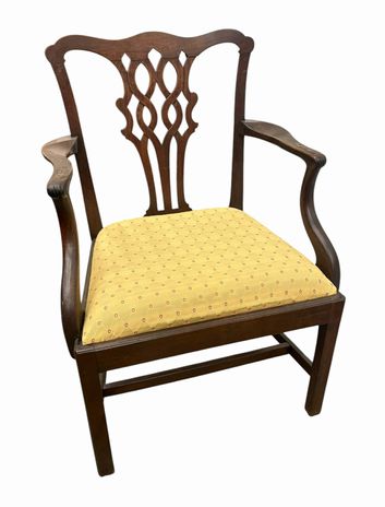 18th century English Chippendale armchair w/ yellow seat, 25.5x19.75x36"
