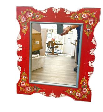 Red rosemaled stool (15.5x11x18") w/ matching mirror, 10.5x27"