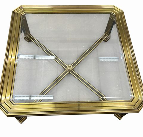 Vintage Brass & Glass Coffee Table, H. 16 in. x 40 in. x 40 in.