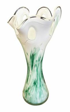 Tall green/white art glass vase, 15" h