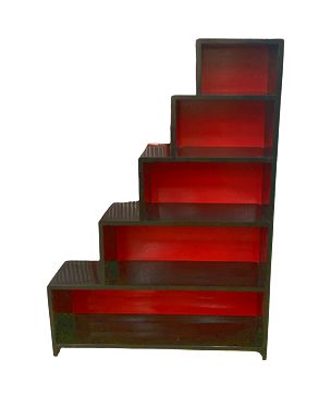 Black lacquer stepped Art Deco bookcase w/ red interior, 36x9x51.25"