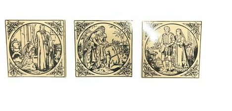 Set of 3 vintage Minton Shakespearian tiles, 6x6"