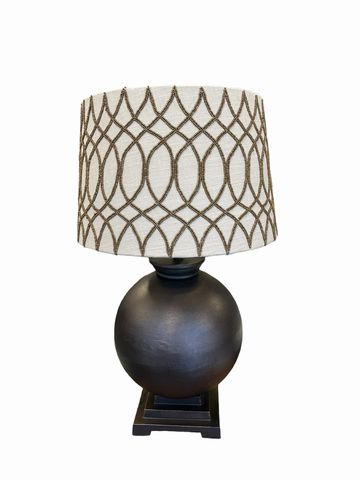 Metal bronze colored table lamp w/ patterned shade, 26"H