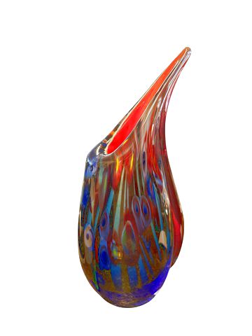 Blue/purple art glass vase w/ red interior, 9.5" h