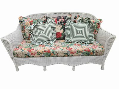 Vintage White Painted Wicker Sofa, w/Floral Cushion, H. 36.5 in. x L. 67.5 in.