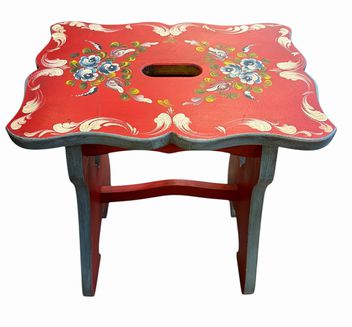 Red rosemaled stool (15.5x11x18") w/ matching mirror, 10.5x27"