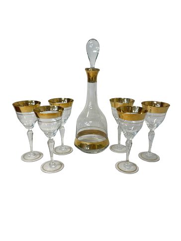Gold Trim Decanter & 6 Wine Glasses 13.5"x6.75"
