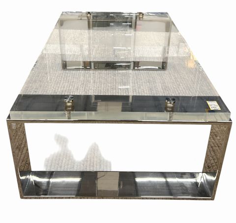 Lucite & Chrome Coffee Table (as is), H. 19.5 in. x L. 54 in. x W. 34 in.