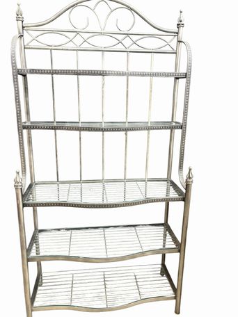 Serpentine-front black baker's rack w/ glass shelves, 36" w x 16" d x 72" h