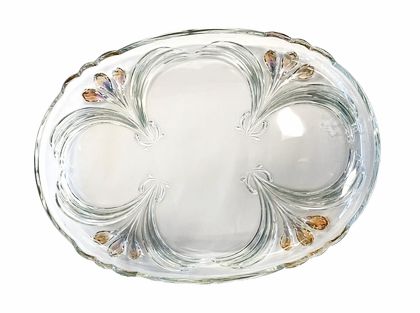 Oval glass platter w/ pink flowers, 14.75x10.75"
