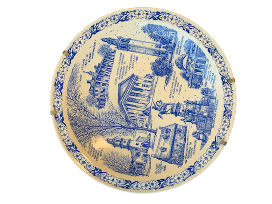 Blue transferware plate of Virginia landmarks, 10.25" diam.