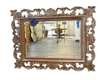 Drexel Heritage beveled rectangular mirror in ornate carved wood frame, 51.5 w x