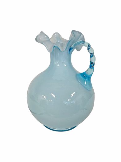Fenton Opalescent Aqua Vase/Pitcher 1940s, Ruffle Edge 5.5"h 6"Dia