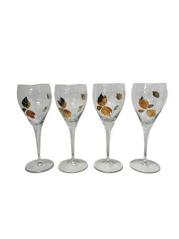 Set of 4 etched wine glasses w/ gold leaves, 8.25"H
