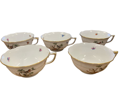 Set of 5 Herend bird motif gold-rimmed teacups, 4" diam., 2" h