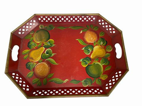 Red Tole Handel Tray, L. 20 in. x 15 in.
