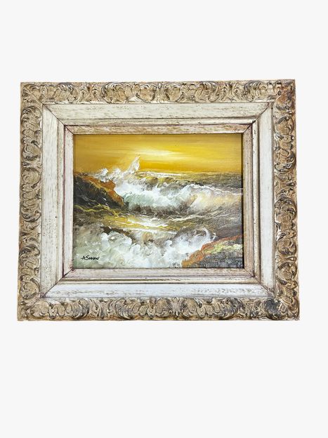 Original Painting Ocean Sunglazed in White Carved Frame 12.5 x 14.5