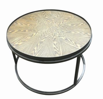 Round inlaid wood coffee table w/ metal base, 27.75" diam., 17.25" h