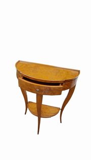 Demilune table, tiger wood/ash burl, 28x15x35