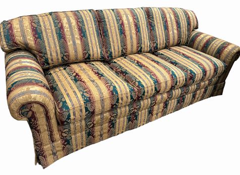Henredon gold/burgundy/teal striped 3-cushion sofa, 86x24x35" h