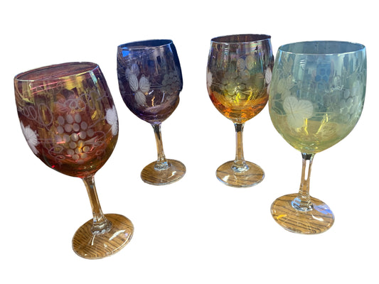 Set of 4 vintage colored etched wine glasses, 7.25" h