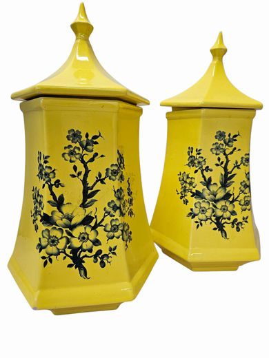 Pair Decorative Yellow Country French Cannisters 15"H x 9"W as is