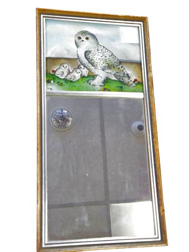 Eglomise Snow Owls Mirror 14"h x 7'w