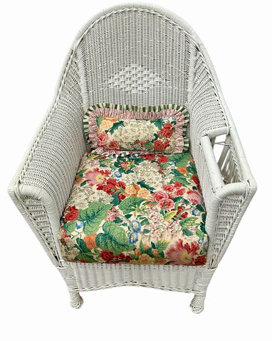 2 Vintage Painted Wicker Arm Chairs, H. 38 in. x W. 28.5 in. x D. 24.5 in.