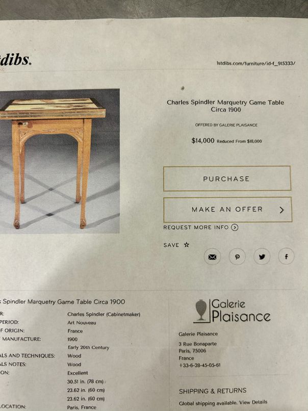 Charles Spindler Marquetry Game Table, ca. 1900, H. 31 in. x W. 24 closed