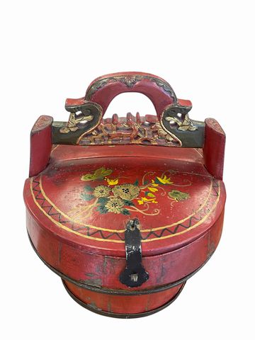 Antique red asian wedding basket, 11x12x12H