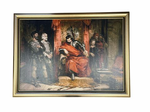 Framed faux oil of Macbeth instructing murderers to kill Banquo, 33x44"