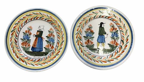 PAIR of scalloped-edge Quimper faience (France) plates, 10" diam.