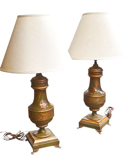 Pr. Vintage Tole-like Green w Gold Table Lamps (as is) 30"H x 12"Dia