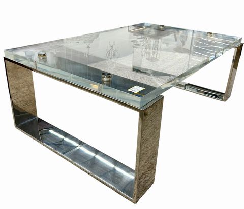 Lucite & Chrome Coffee Table (as is), H. 19.5 in. x L. 54 in. x W. 34 in.