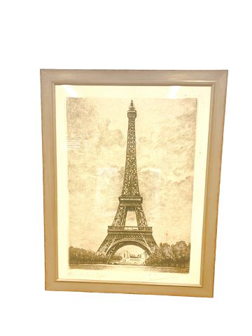 Faux aged engraving repro. of the Eiffel Tower, 45.5" h x 35.25" w