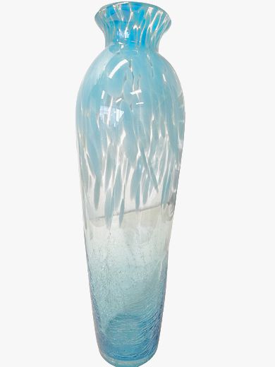 Azure Blue Crackled Glass with Dabs Vase 6"Dia x 18"H